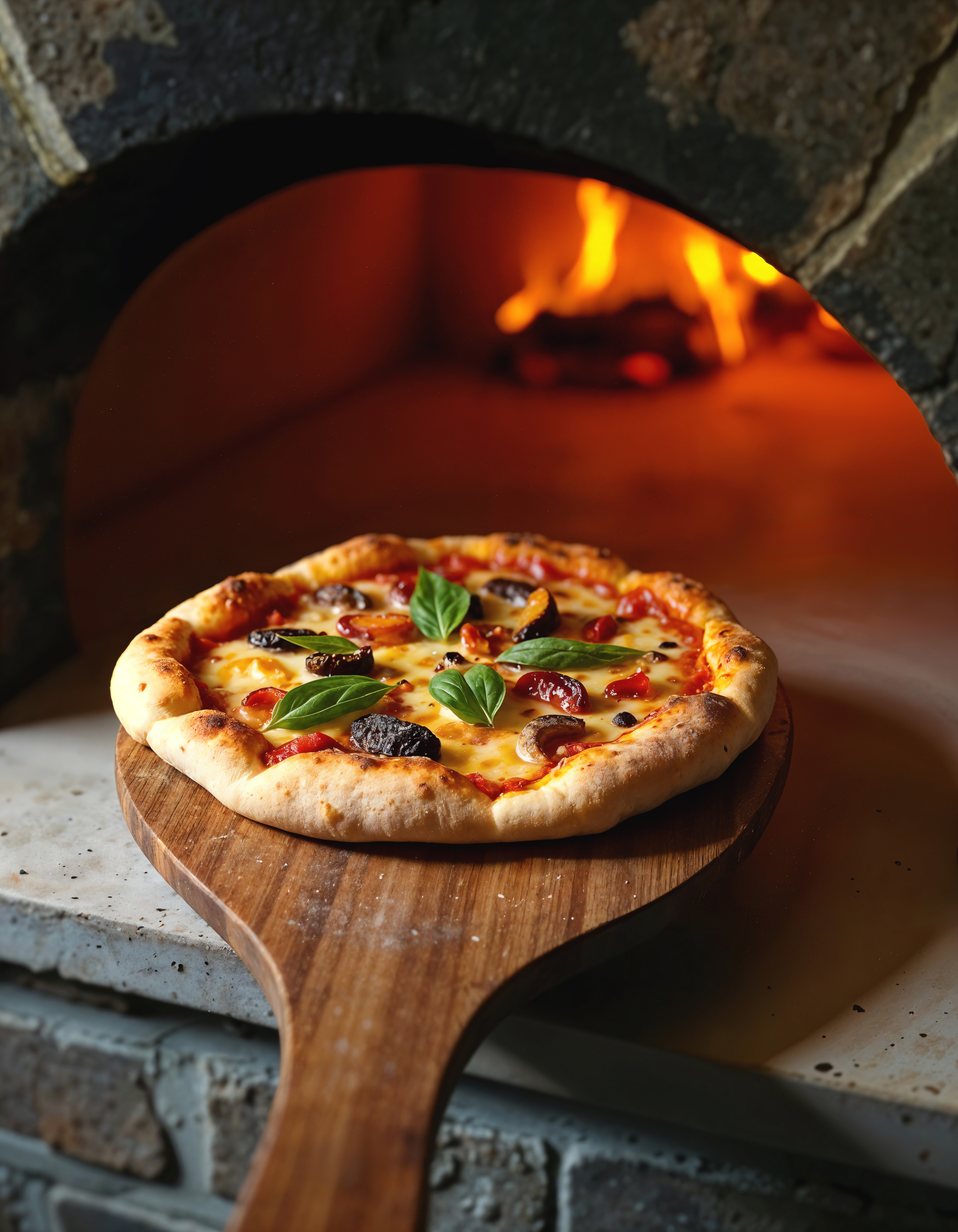 Wood-fired pizza in oven